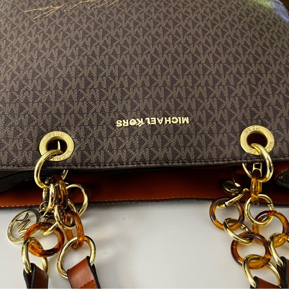 Michael Kors Dark Brown Logo Tote with Gold Chain Accents 13” x 10” X 5” - Picture 10 of 16